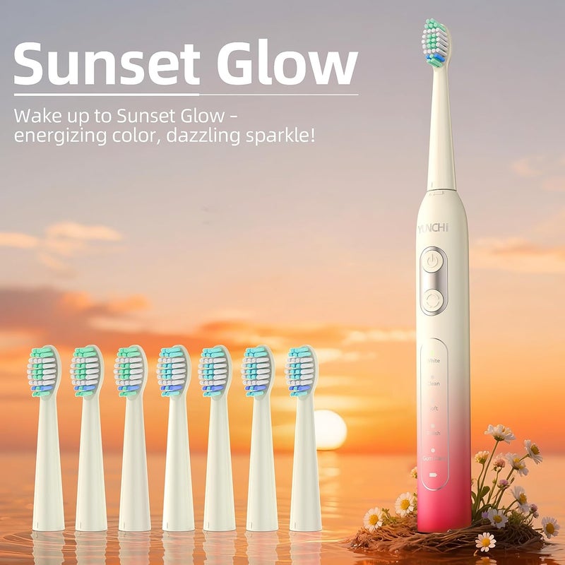YUNCHI Electric Toothbrush Birthday/Valentine Plastic 8 Dupont Heads 24-Mo Deep Cleans Gentle Gums Removes Stains 3Hr USB-C 90d 2-Min Timer/30s IPX7 - Yellow Red - Image 2